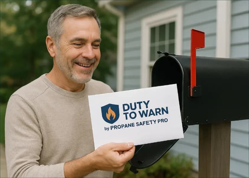 A homeowner receiving a Duty to Warn safety mailing at their mailbox